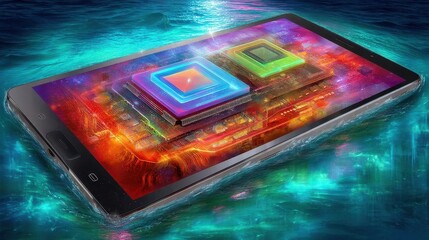 Leinwandbilder - Abstract Digital Tablet Displaying Glowing Circuit Board on Dark Blue Water