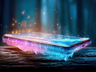 Leinwandbilder - Abstract Futuristic Smartphone Glowing with Multicolored Particles on Dark Wood