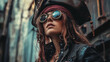 © Sadia - A woman in a pirate hat and steampunk goggles looking up with a determined expression on her face