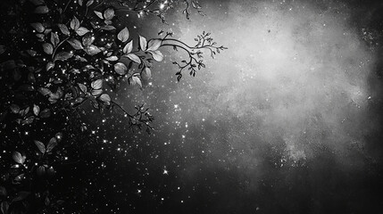 Poster - A grayscale image of leaves and branches with a background of twinkling lights and soft clouds