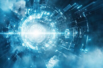 Poster - A bright futuristic tunnel surrounded by glowing digital patterns and clouds, showcasing advanced technology and depth perception