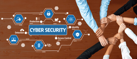 Poster - a dynamic scene showcasing hands working together on cyber security themes, emphasizing collaboratio
