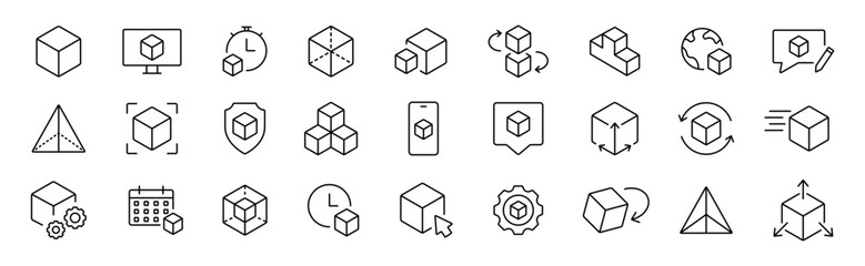 Poster - 3D model icons set. Cube, engineering outline symbols. Three-dimensional vector icons