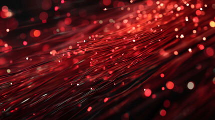 Poster - Abstract image of red fiber optic strands, creating a dynamic, flowing texture with blurred bokeh lights, suggesting movement, energy, and connection