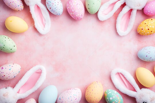 Easter background with eggs and bunny ears. Easter concept, with copy space for text