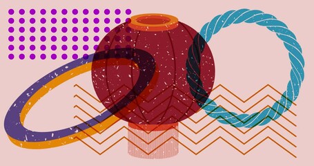 Poster - Risograph Chinese lantern with geometric shapes animation. Moving object in trendy riso graph design video.