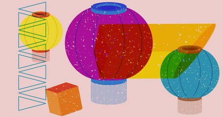 Poster - Risograph Chinese lantern with geometric shapes animation. Moving object in trendy riso graph design video.