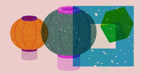 Poster - Risograph Chinese lantern with geometric shapes animation. Moving object in trendy riso graph design video.