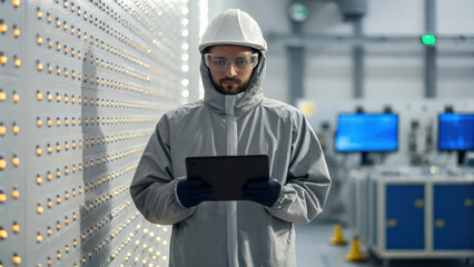 Poster - professional in protective suit and helmet inspects data in construction industry while ensuring safety and efficiency