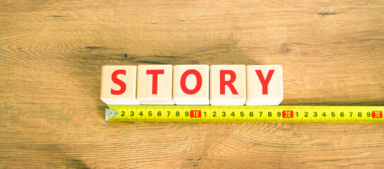 Fototapete - Story symbol. Concept word Story on beautiful wooden blocks. Beautiful wooden table wooden background. Beautiful yellow ruler. Business lifestyle story concept. Copy space.