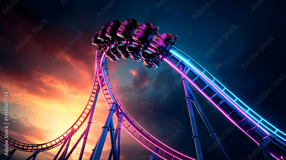 Vibrant Neon Roller Coaster At Sunset Stock Illustration | Adobe Stock