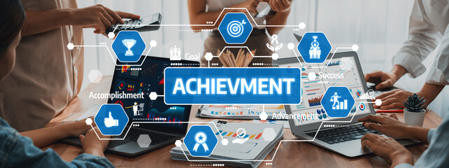 Aufkleber - Panorama shot analyst team utilizing BI Fintech to analyze financial report with laptop. Businesspeople analyzing BI power dashboard displayed on laptop screen for business insight. Scrutinize Amity