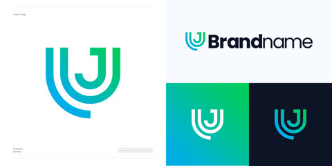 Poster - Letter U or J monogram logo icon design vector illustration element editable, Modern geometric abstract UJ, JU sign with gradient color for technology and brand identity business