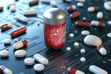 Poster - Innovative red capsule on circuit board surrounded by various pills in a futuristic display