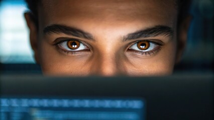 Aufkleber - A closeup focus on a users eyes reflecting the glow of a computer screen as they monitor live updates of usage statistics and AIgenerated insights in a dimly lit office.