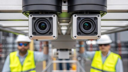 Aufkleber - A closeup image of a robotic camera system positioned above the installation site monitoring each step and ensuring the accuracy of module placements.
