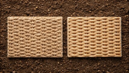 Aufkleber - A closeup image focusing on small biodegradable mats made from natural fibers resting on soil highlighting the co texture and design that supports moisture retention and seed