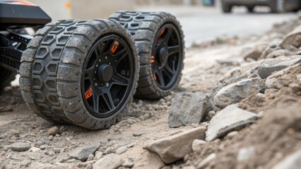 Poster - A closeup image highlighting the robots sy wheels that grip an uneven surface showcasing the tread pattern designed for maximum traction on rugged terrain.