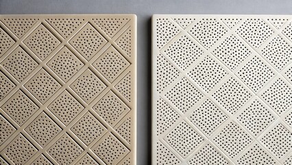 Aufkleber - A closeup image of acoustic ceiling tiles with perforated designs emphasizing their lightweight structure that helps manage sound reverberation.