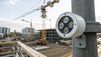 Poster - A closeup image of a smart lighting sensor installed on a site featuring a circular design with multiple lenses set against a backdrop of cranes and building materials.