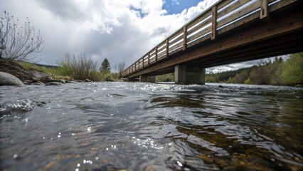 Poster - A closeup image of water flowing beneath the bridges deck providing context for its temporary placement in nature