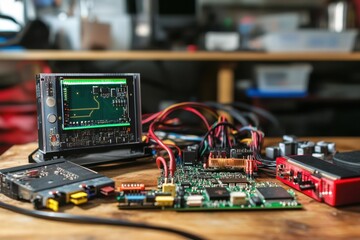 Poster - Electronic components and tools arranged on a workbench in a tech workshop
