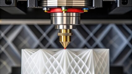 Aufkleber - A closeup of a 3D printer nozzle extruding precise layers of filament with a completed design featuring intricate geometrical forms in the background.