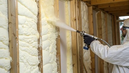 Poster - A closeup of a biodegradable spray foam insulation application capturing the creamy texture as it expands within a wall cavity showcasing its easy application od.
