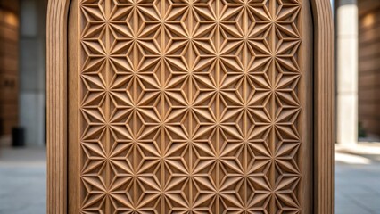 Poster - A closeup of a door with an elaborate geometric pattern 3Dprinted using recycled materials demonstrating the fusion of art and sustainability in design.