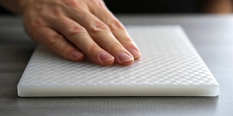 Poster - A closeup of a hand gently pressing against an aerogel panel demonstrating its remarkable flexibility while maintaining form with fine details of the surface texture visible.