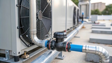 Poster - A closeup of a liquid cooling system pipe connected to a heat exchange unit showcasing the innovative design and thermal conductivity of the materials involved in urban cooling