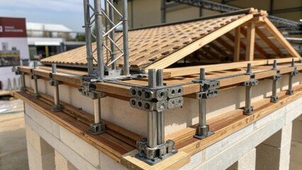 Poster - A closeup of a mixedmaterials digital model for a temporary construction structure showcasing the blend of traditional and modern building materials with a focus on joints and
