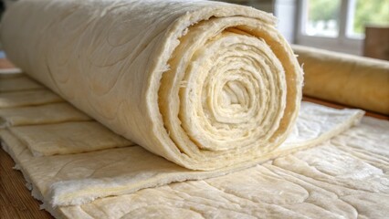 Poster - A closeup of an ecofriendly insulation roll being unrolled capturing the soft quilted layers and the natural color variations within the material.