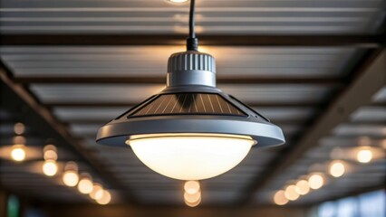 Fototapete - A closeup of an energyefficient LED light fixture hanging from the ceiling illuminated by solar power highlighting its modern design and low energy consumption.