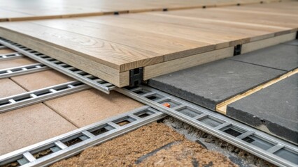 Leinwandbilder - A closeup of a modular floor system focusing on the detailed floor joints and underlayment that enhance durability and soundproofing.