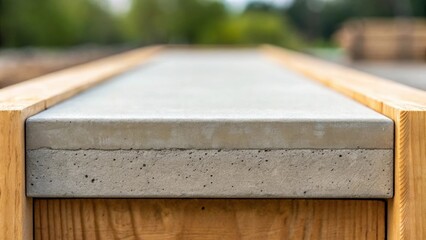Aufkleber - A closeup of an edge of the formwork where it meets a concrete pour showcasing the natural color tones and the integration of ecofriendly materials in construction.