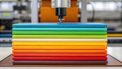 Poster - A closeup of an array of colorful panel samples stacked beside a robotic workstation emphasizing design versatility and aesthetic choice in modern interiors.