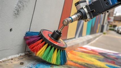 Poster - A closeup of a robotic finishing tool featuring a rotating brush covered in vibrant paint with bristles glistening as they blend colors onto a wall.