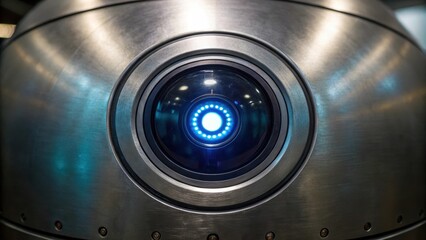 Fototapete - A closeup of a robotic eye equipped with advanced imaging technology focusing on a metal surface while glowing with artificial light.