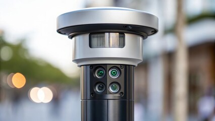 Poster - A closeup of a smart light pole adorned with a builtin camera and environmental sensors capturing data on air quality and light levels around it.