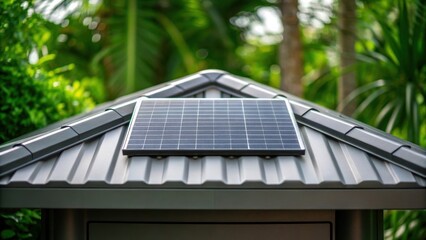 Aufkleber - A closeup of a solar panel installed on a 3Dprinted roof emphasizing the combination of renewable energy technology with sustainable building practices surrounded by greenery.