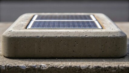 Poster - A closeup of a weathered section of smart concrete showing embedded solar cells that allow it to selfsustain and power its connectivity features.