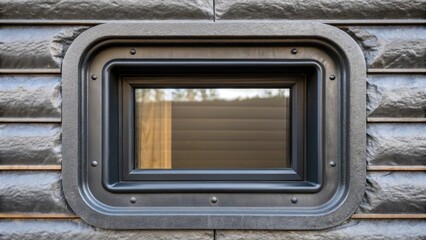 Aufkleber - A closeup of a window frame integrated into a 3Dprinted home made from repurposed metal highlighting the juxtaposition of smooth curved edges with the rough texture of the