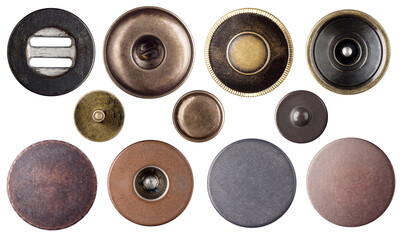 Metal jeans buttons and rivets set collection isolaated on white background.