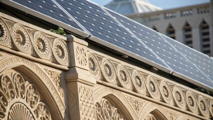 Poster - A closeup of photovoltaic panels embedded in decorative architectural features demonstrating how energygenerating technology can enhance aesthetic appeal.