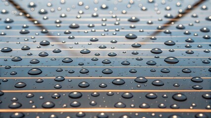 Poster - A closeup of rain droplets tered across a transparent roofs surface with highlighted lines of solar shading reflecting in the water illustrating beauty and functionality.