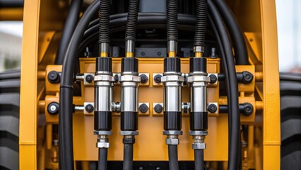 Poster - A closeup of the hydraulic lines and connectors that power the trench digging mechanism emphasizing the engineering behind its movement.
