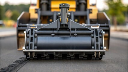 Poster - A closeup of the machinerys special attachment designed for spreading recycled rubber asphalt showcasing its unique engineering and functionality.