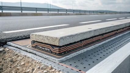 Fototapete - A closeup of the material composition of the smart road surface illustrating a crosssection that reveals layers of conductive materials and insulation that enhance the charging