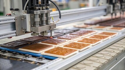 Aufkleber - A closeup of the manufacturing process depicting a row of vacuumsealed panels at different stages of production showcasing the hightech machinery used to create them.